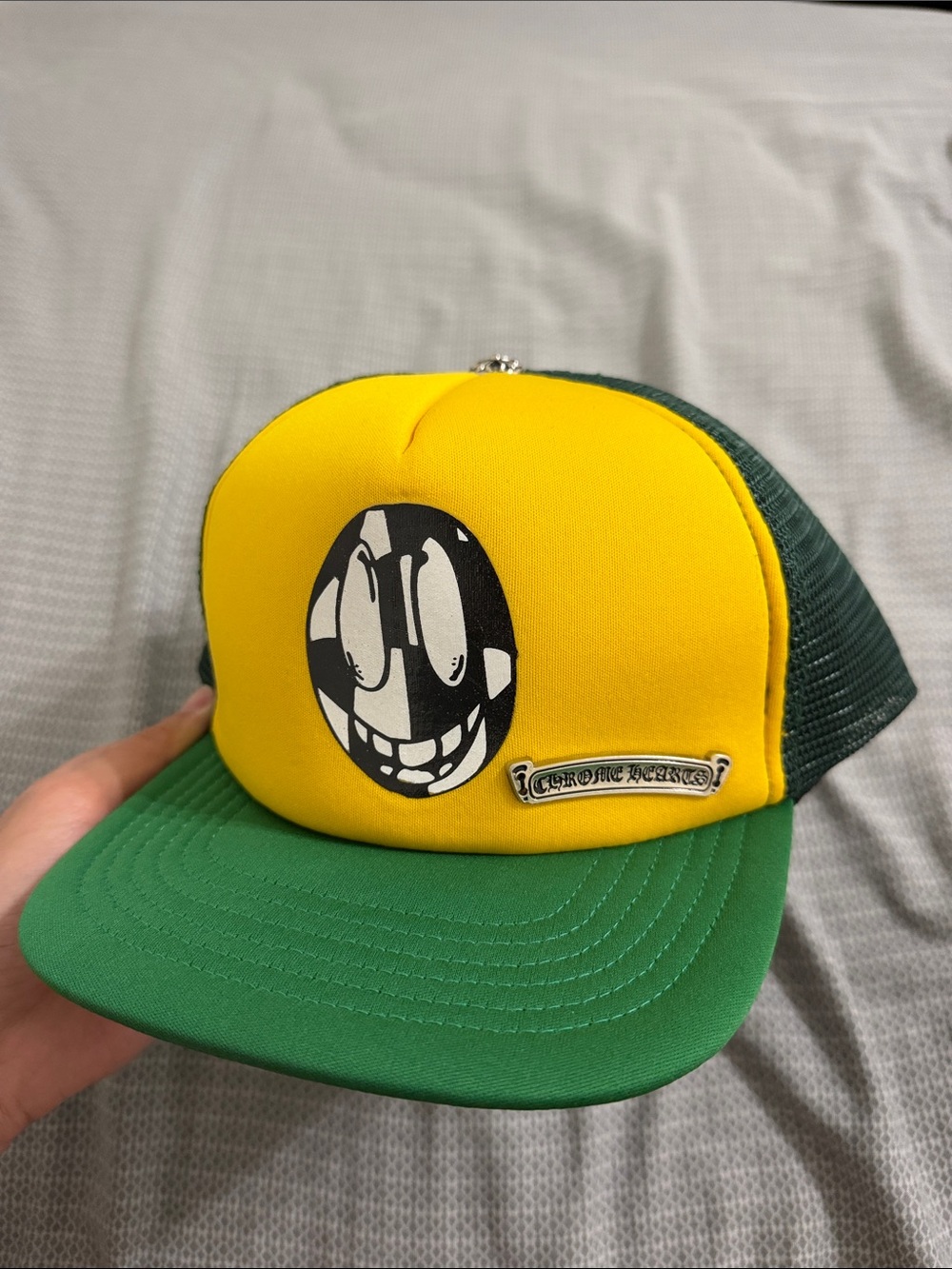 Chrome Hearts Yellow Front Green Trucker Hat with Smile Graphic